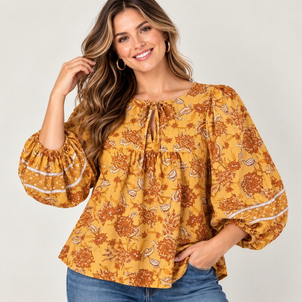 C&C California Mustard Yellow Floral Cotton Peasant Blouse Balloon Sleeve Large